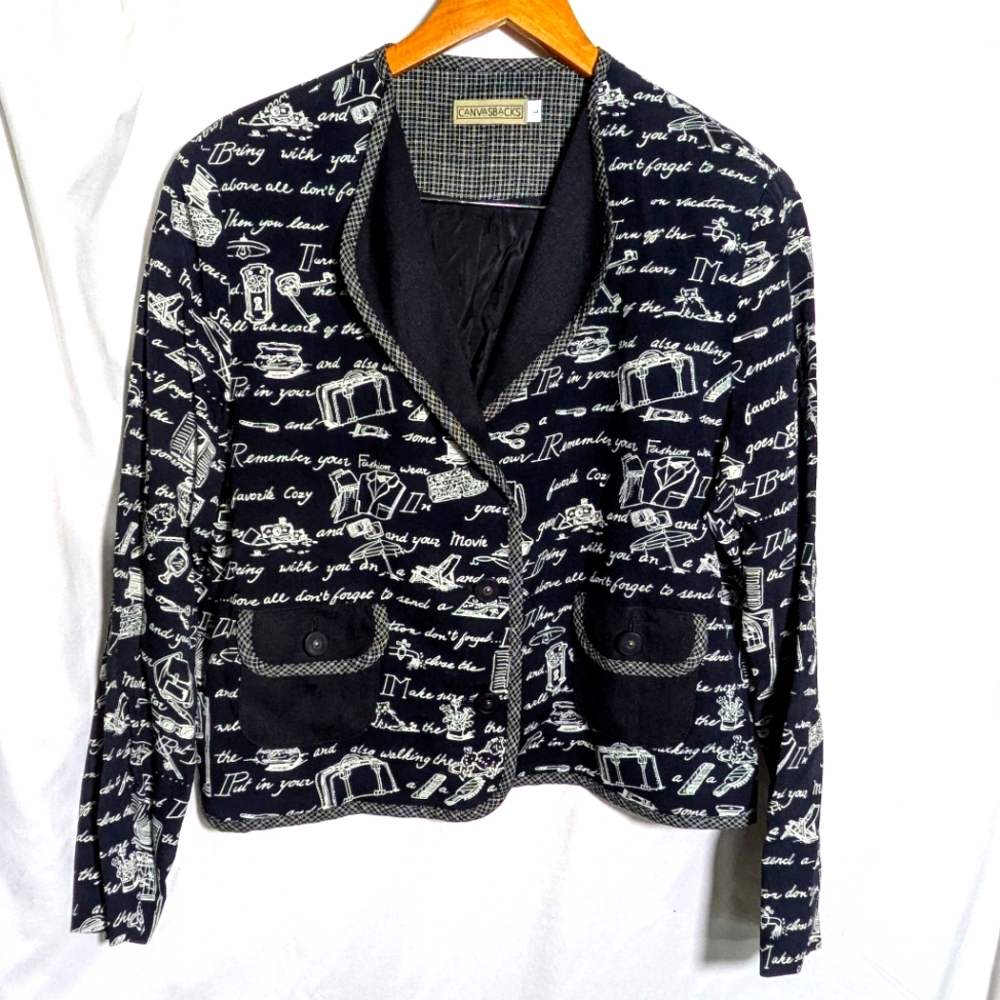 Women's Vintage Canvasback Black & White Blazer/Jacket Y2K Unique Pattern‎ Sz L